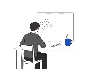 A small back-facing figure seated at a writing desk, looking down at an open notebook with a small hand-drawn diagram; a pencil rests across the notebook and a cobalt blue ceramic mug with rising steam sits to its right.