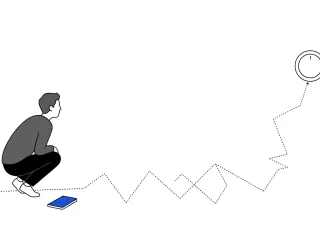 A dotted trail zigzags erratically across the floor but drifts steadily toward a single dial on the wall, while a small figure crouches to follow its path, a cobalt notebook beside them.