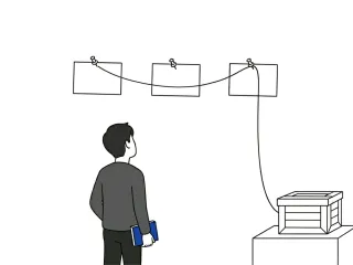 A small back-facing figure stands and follows, with its gaze, a single unbroken thread that links three blank pinned cards across a wall and drops to a small box on a shelf below, a cobalt-blue notebook in its hand.