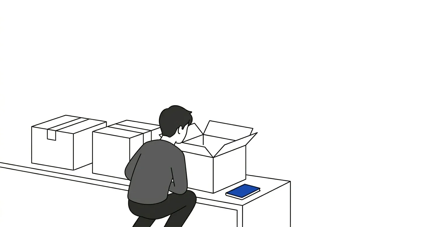 A small back-facing figure crouches to look inside an open cardboard box at the near end of a row of identical sealed boxes, a cobalt-blue notebook resting on the surface beside it.