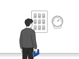 A small back-facing figure stands before an interior wall holding a cobalt blue notebook, between a 3×3 grid of identical light switches on the left and a single round wall-mounted thermostat on the right.